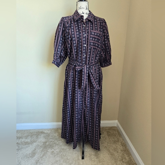 entro Dresses & Skirts - Entro Belted Bouquets Dress Womens L Buttoned Cotton